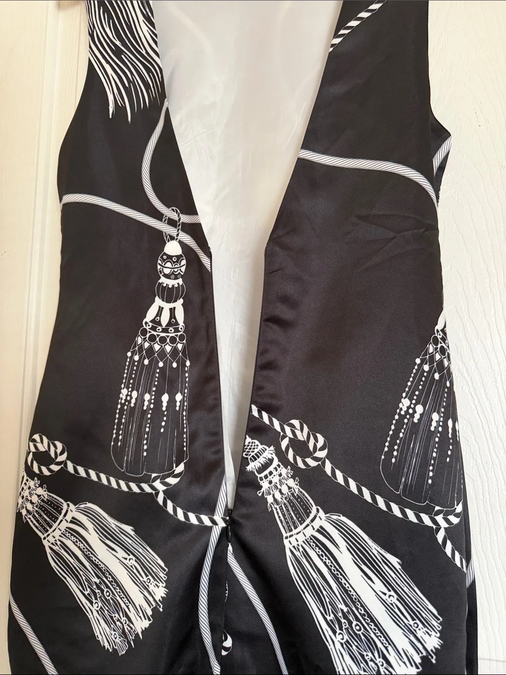 Eclect Black White Tassel Rope Print Formal Party Sleeveless Maxi Dress size S